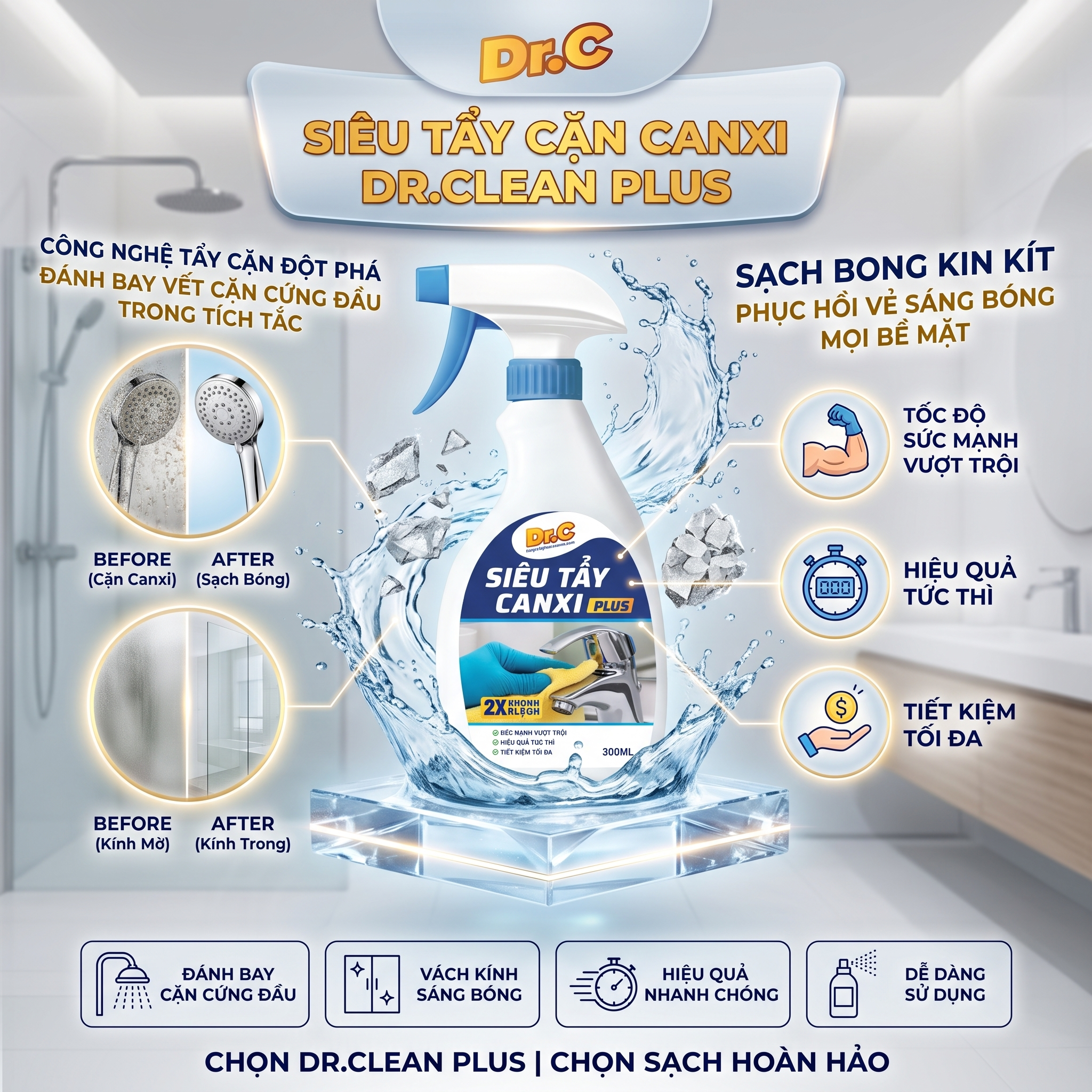 Tẩy Cặn Canxi Vách Kính Và Vòi Sen: Giải Pháp Trả Lại Vẻ Sáng Bóng Với Dr.Clean Plus